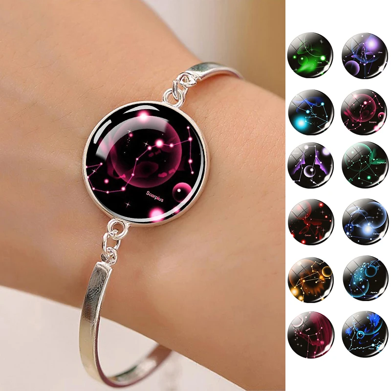 Glow In The Dark Zodiac Signs Silver Plated Bracelet for Men Women Virgo Libra Scorpio Aries Taurus Bracelets Birthday Gift