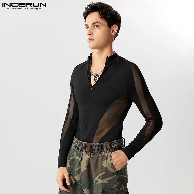 2023 Männer Bodys Mesh Patchwork V-Ausschnitt Streetwear Langarm männliche Stram pler Reiß verschluss transparente Mode T-Shirt Bodysuit Incerun