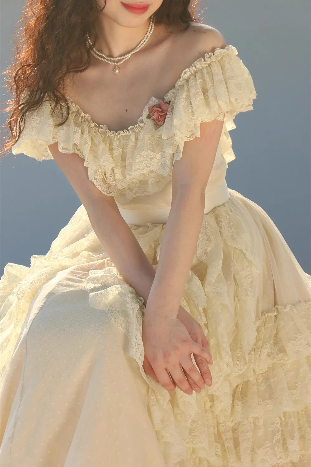 

85-102cm Bust Summer Creamy-White Wedding Dress Women Elegant Slim Vintage French Sweet Princess Layered Lace Dresses Maxi Dress