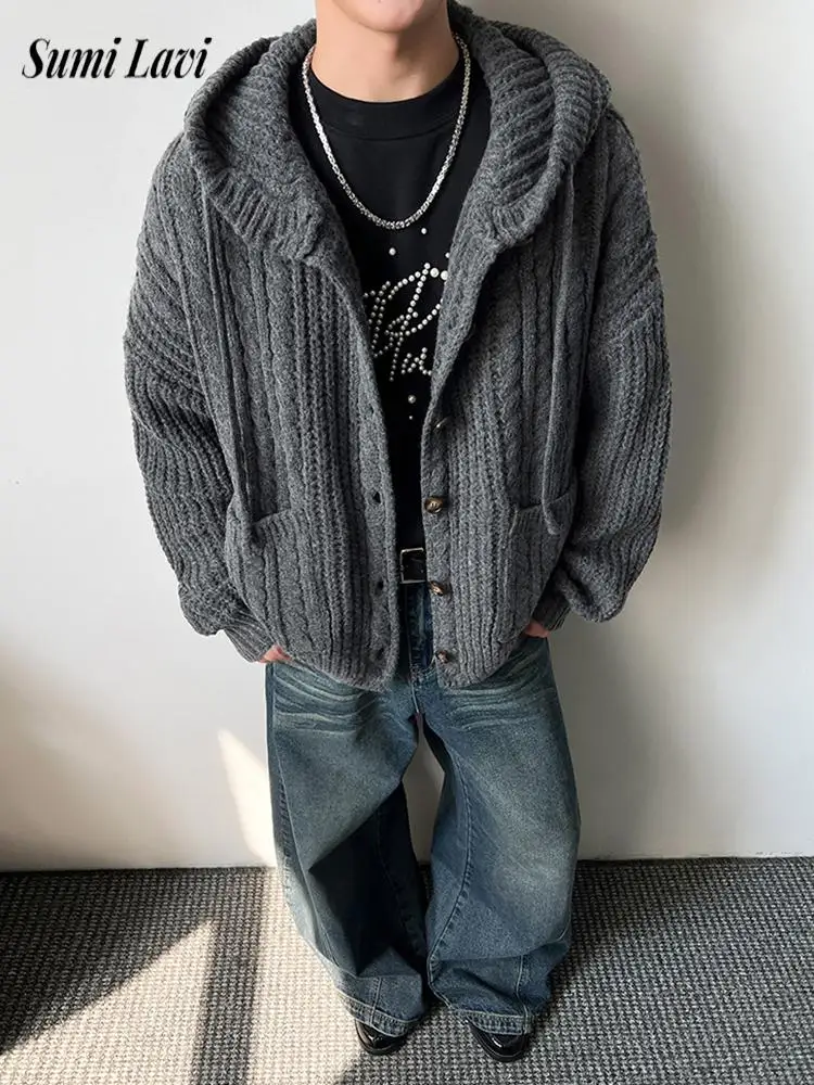

Fall Winter Outdoor Fashion Knitting Cardigans Men Trendy Hooded Sweater Jacket Coat Mens Vintage Button-up Knitted Jackets