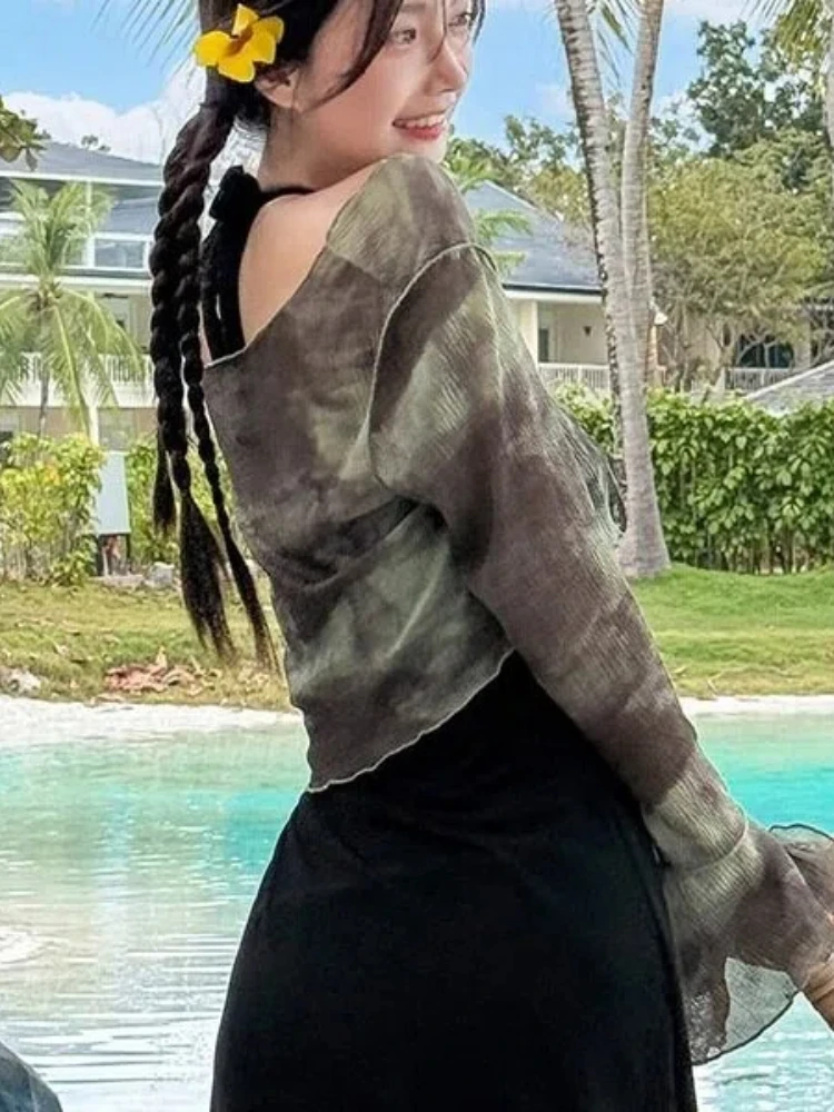 Long Sleeve Swimsuit Set 2-Piece UPF Cover Up for Hot Spring Korean Tie-Dye Swimsuit Sexy Solid Black Sundress Mini Dress Femme