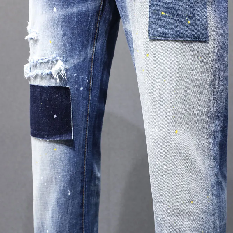 

Модные новые мужские джинсы стрейч в стиле ретро, синие, обтягивающие, с нашивками, дизайнерские, в стиле хип-хоп, брендовые брюки для мужчин.