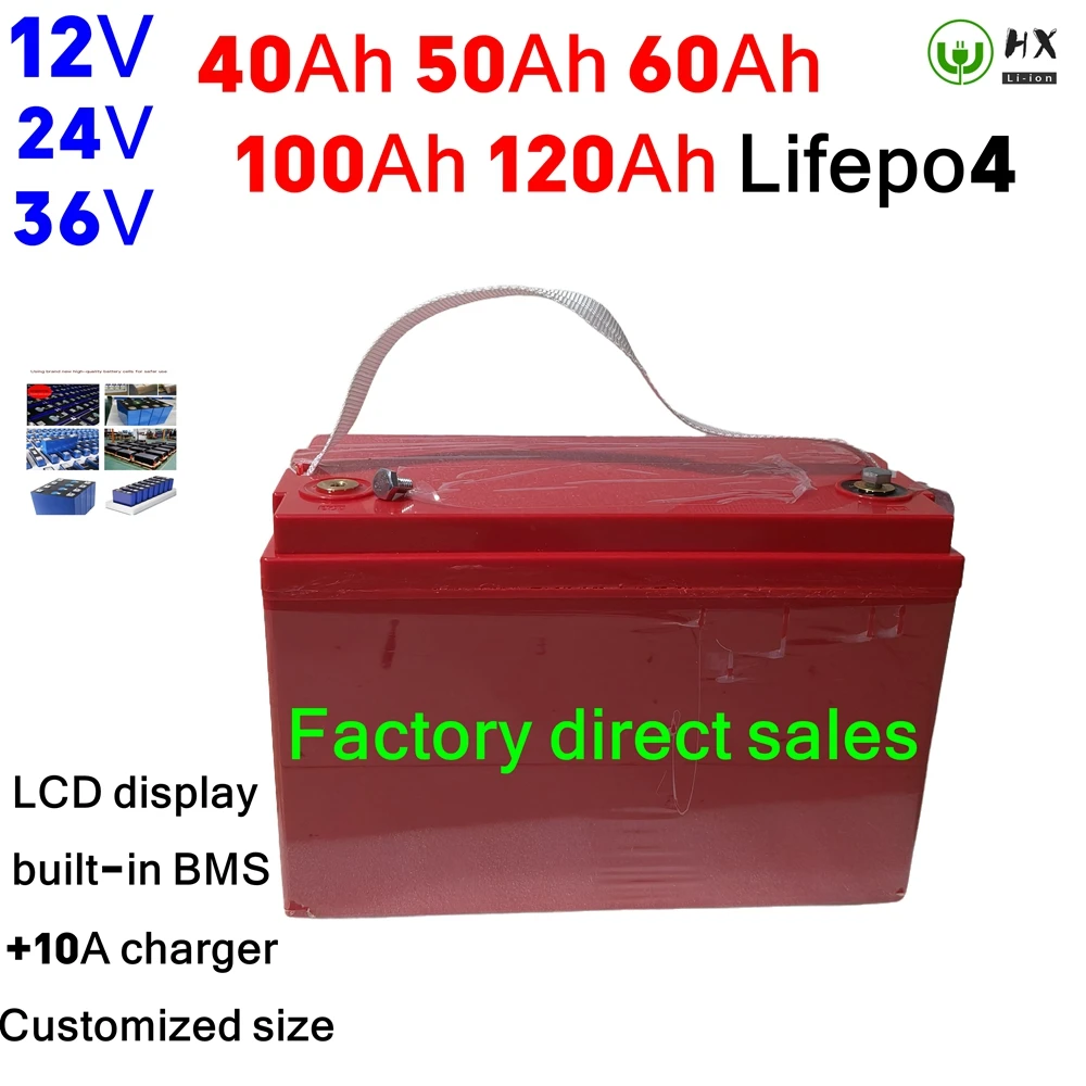 HX-Batterie Lifepo4 avec BMS, 12V, 24V, 36V, 40Ah, 50Ah, 60Ah, 80Ah, 100Ah, pour camping-car solaire, bateau Hurhome，E-bike.