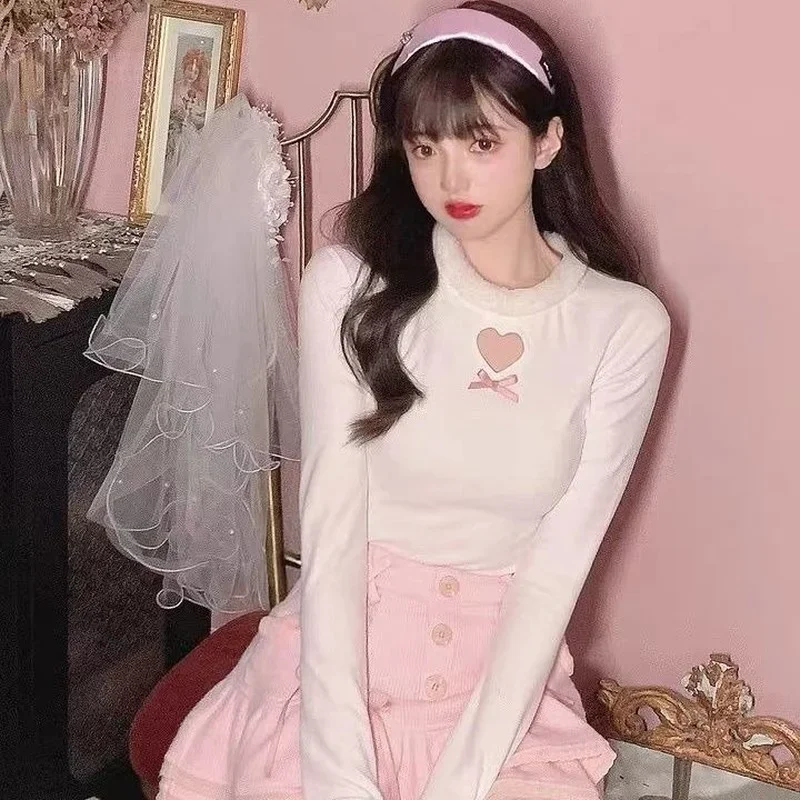 New Y2k Top Japanese Sweet Cute Soft Waxy Plush Collar Love Bow Girl Kawaii All-match Knitted Bottoming Shirt for Women