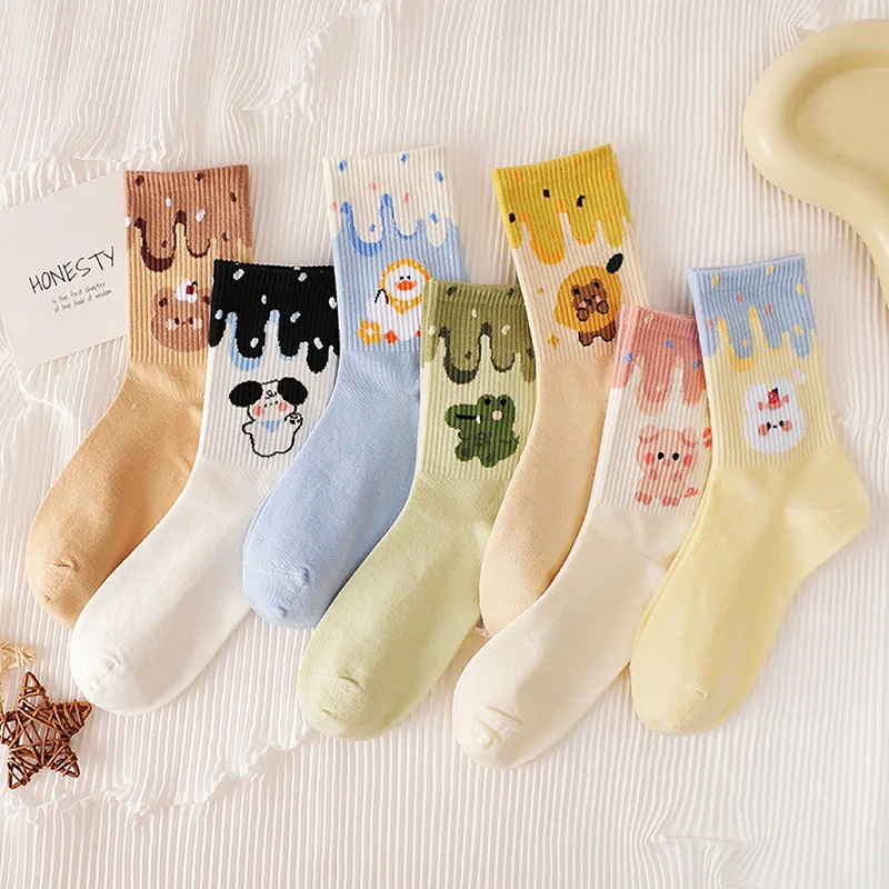 7 Pairs Cartoon Print Socks, Comfy & Cute Mid Tube Socks, Women's Stockings & Hosiery