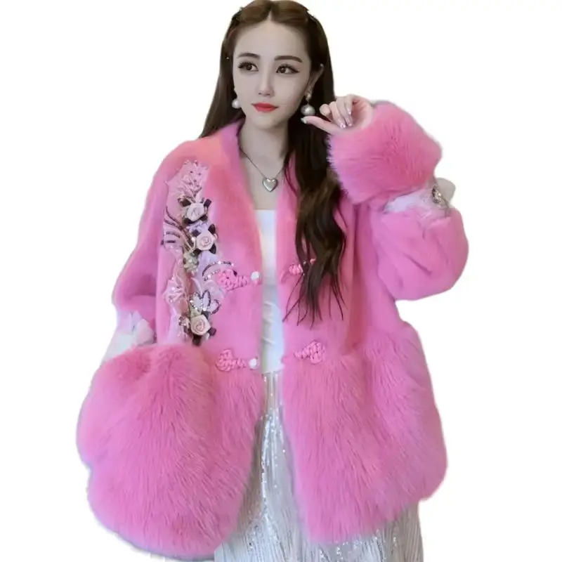 Faux Mink Fur Coat for Women,Single Breasted Jackets,Embroidery Overcoat, Female Clothes, Chinese Style, New, Winter, 2024