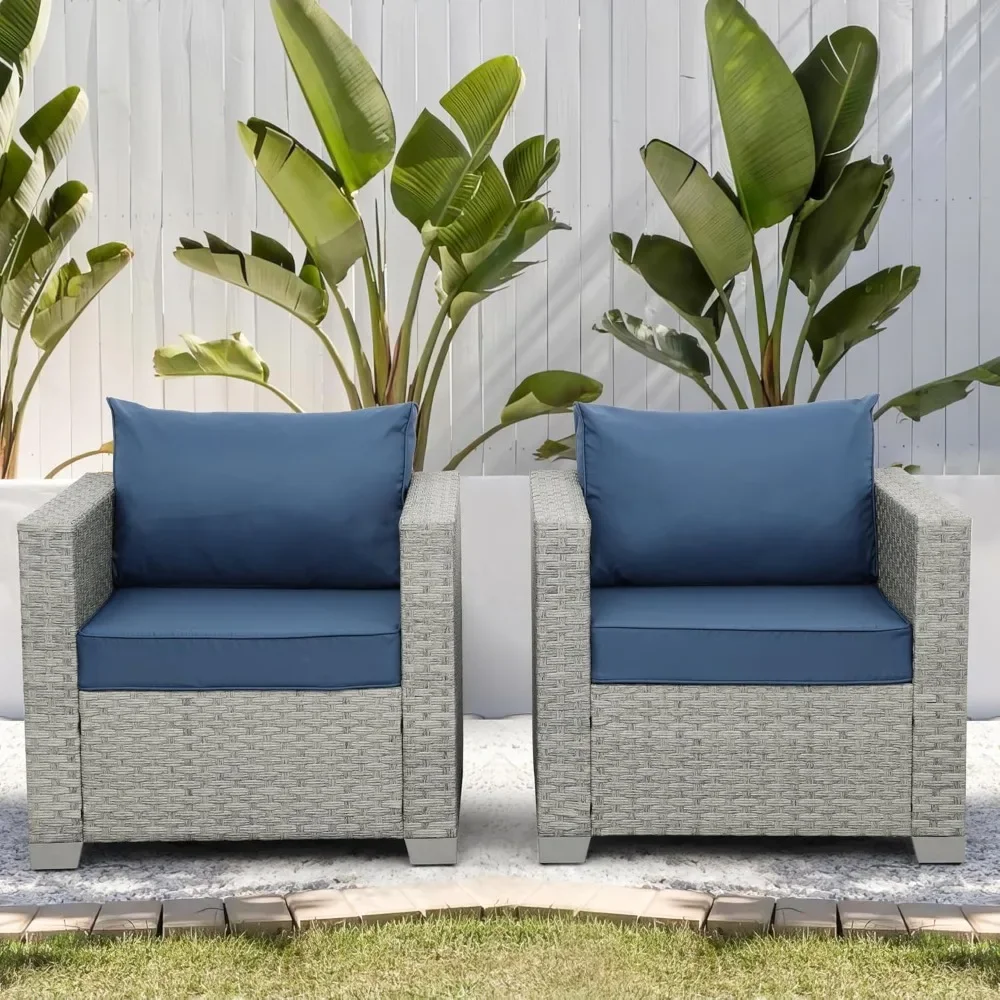 

Outdoor Sofa Wicker Patio Chairs Set of 2, Porch Single Chair Rattan Deep Seating Armchair Balcony Furniture with Blue Cushion