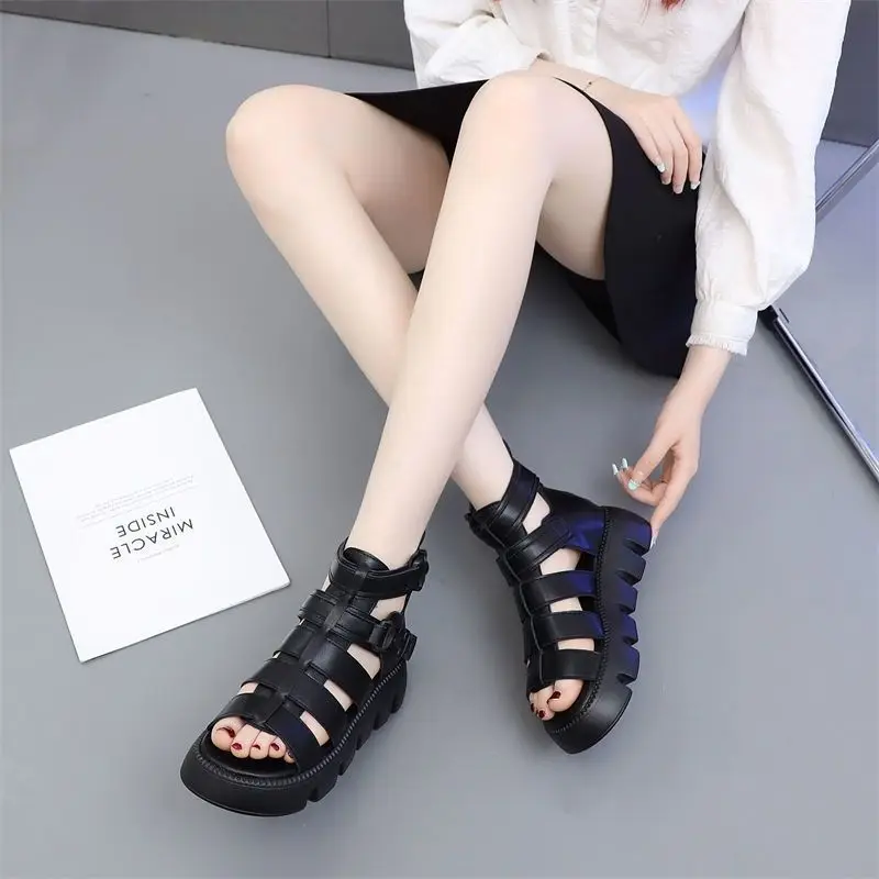 Fashion Women Sandals 2023 Summer Leisure Thick Soled Ankle Boots Strap Buckle Classic Round Toe Shoes Roman Sandals Hot