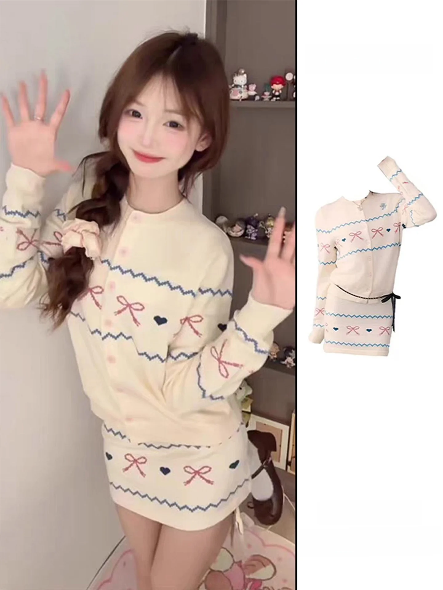 

Autumn Winter Fashion Knitted Dress Set Women's Fair Isle Pattern round Neck Sweater Short Skirt Two Piece Suit Casual Style