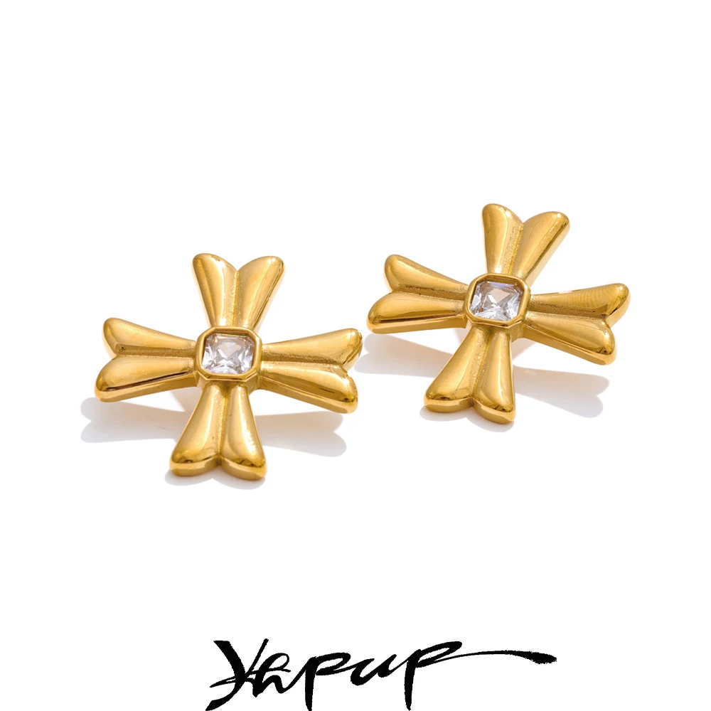 Yhpup Casting Cross Stainless Steel Stud Earrings Statement Rust Resistant Charm Waterproof 18K Gold PVD Plated Jewelry Women