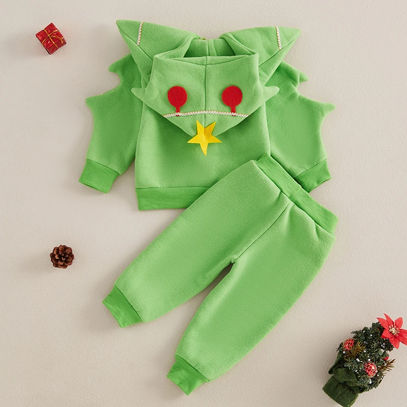 Roupa infantil de outono para meninos, árvore de natal, zíper, manga comprida, moletom com capuz e calças elásticas, roupas de 2 peças para crianças pequenas