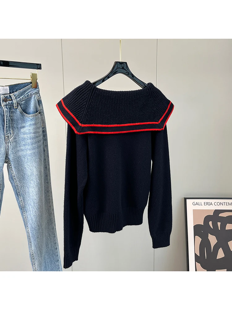 High Quality New Wool Knitted Sweaters 2023 Autumn Winter Dark Blue Jumpers Ladies Turn-down Collar Striped Color Block Pullover