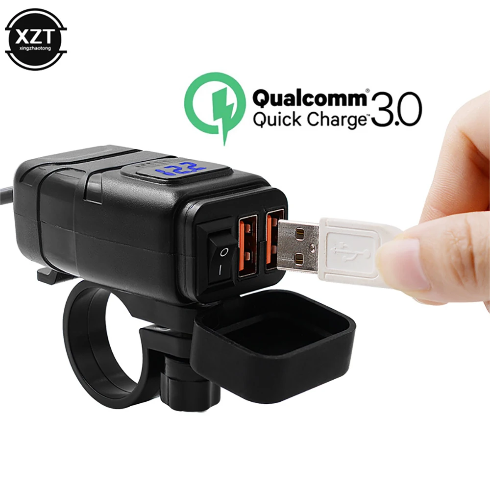 

New QC 3.0 Dual USB Motorcycle Charger Waterproof Quick Charger Vehicle-mounted Switch 12V Power Supply Adapter Moto Accessories