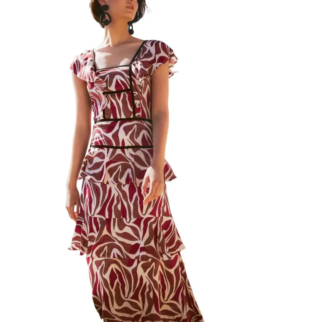 

2025 New Fashion Printed Zipper Ruffle Dress Women Summer Casual Loose Short-sleeved Backlesslong Dresses For Women