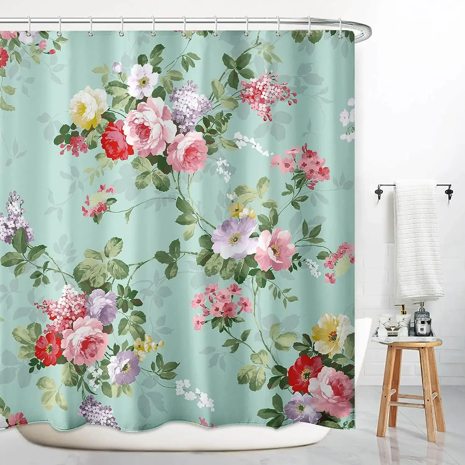 Floral Shower Curtains Blue Pink Watercolour Flowers Plants Butterfly Modern Simple Polyester Fabric Bathroom Decor With Hooks