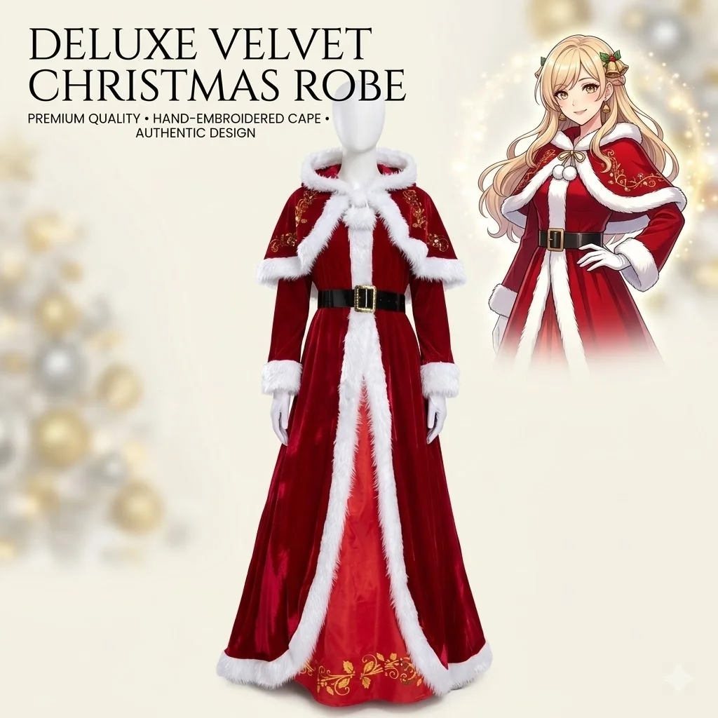 

Women Deluxe Red Santa Long Dress Cosplay Uniform Stylish Outfit For Christmas Halloween Carnival Party Wear