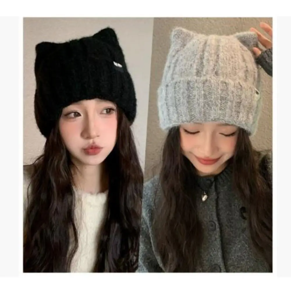 Berretti lavorati a maglia caldi foderati in pile tinta unita Berretti berretti femminili Hip Hop anti-freddo Cofano scaldino per orecchie di gatto all'aperto