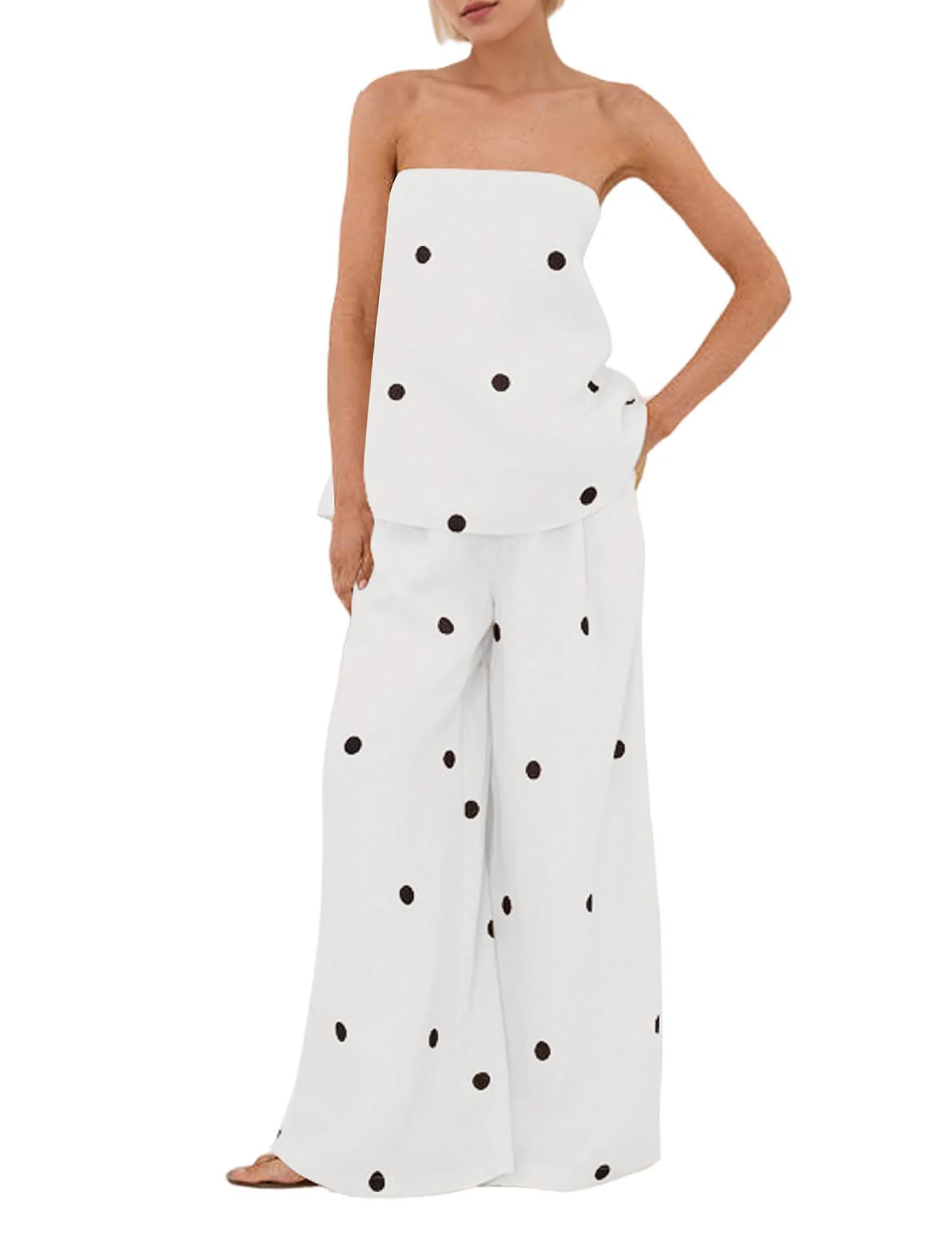 

Женский комплект из двух предметов, топ без бретелек, широкие брюки с высокой талией, летние брюки в горошек, комплекты для отдыха