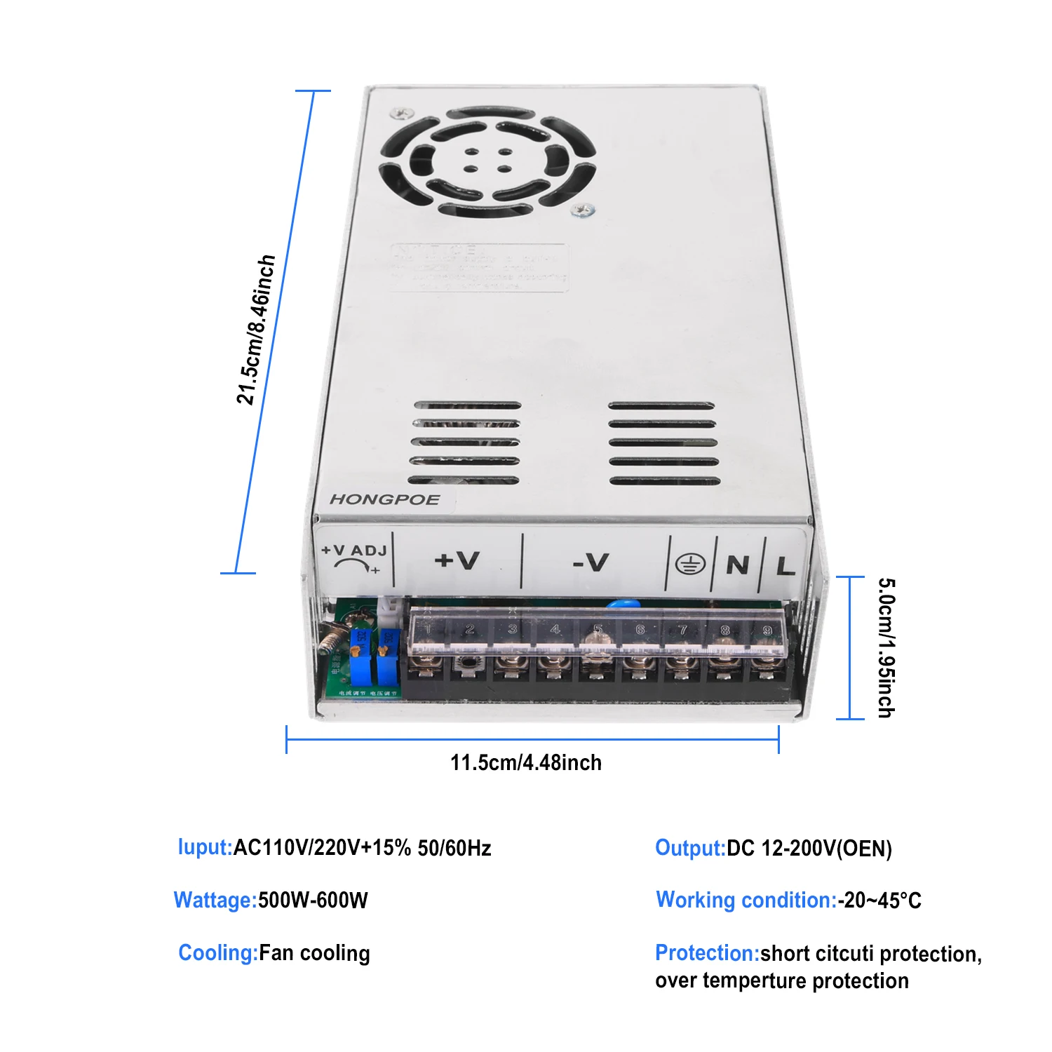 Alimentatore regolabile 500W 600W DC 0-12V 15V 24V 30V 36V 48V 60V 72V 85V 90V 110V 150V 200V Ac a Dc Smps LED Industrial Power