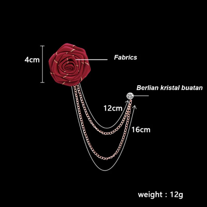 Korean Style Handmade Rose Flower Brooch Pin for Men Wedding Groomsmen Tassel Chain Lapel Accessory Cloth Art Suit Badge