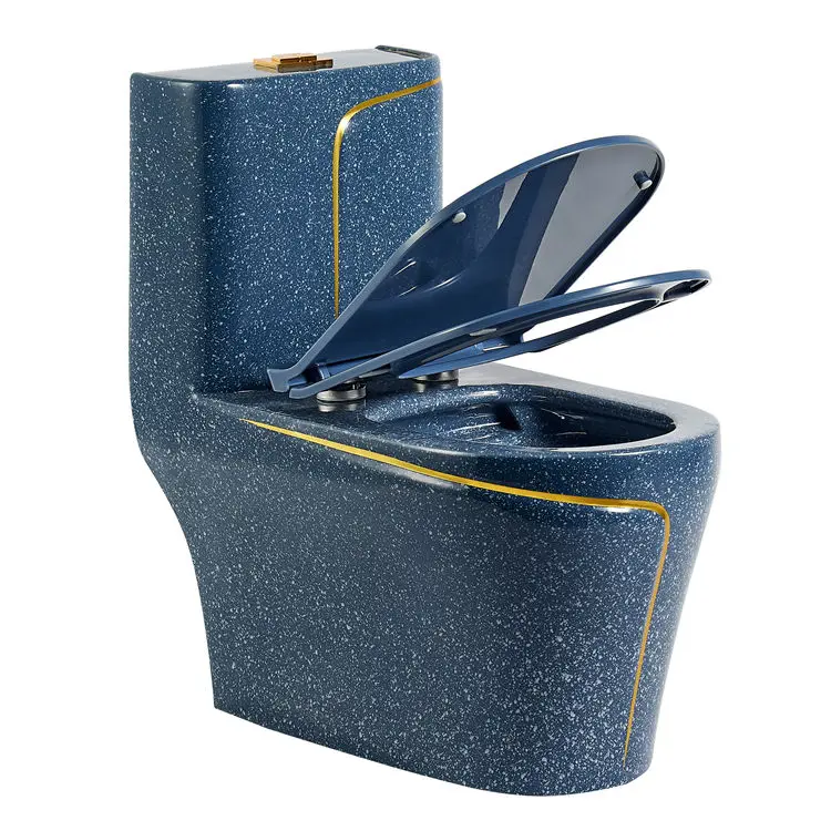 Toilet,Blue With White Spot Gold Line Toilets Siphon And Washdown Wholesale Chinese One-piece Toilet Bowl