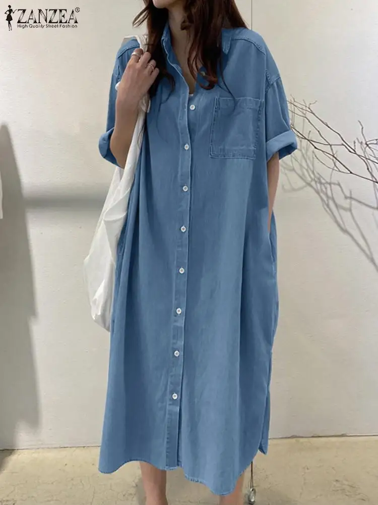 ZANZEA Vintage Denim Dress Woman Short Sleeve Lapel Neck Shirtdress Fashion Solid Sundress Elegant Work OL Vestidos Oversized