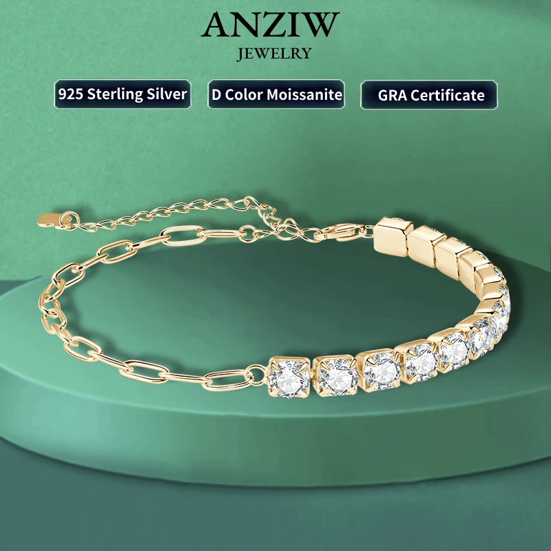 

Anziw 18k Gold Plated Half Chain Tennis Bracelet 925 Silver 5mm D Color Moissanite Bracelet for Women Certificate Jewelry Bangle