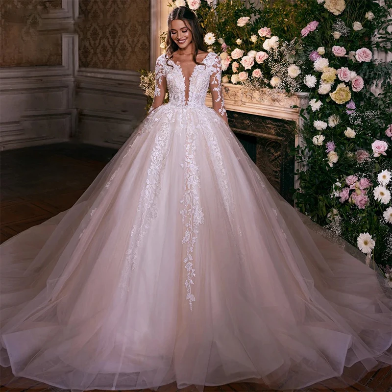 

Vintage Weddin Dress Organza With Embroidery Ball Gown O-Neck Fullsleeve Customized Bridedress Zipper Vestido De Novia Appliques