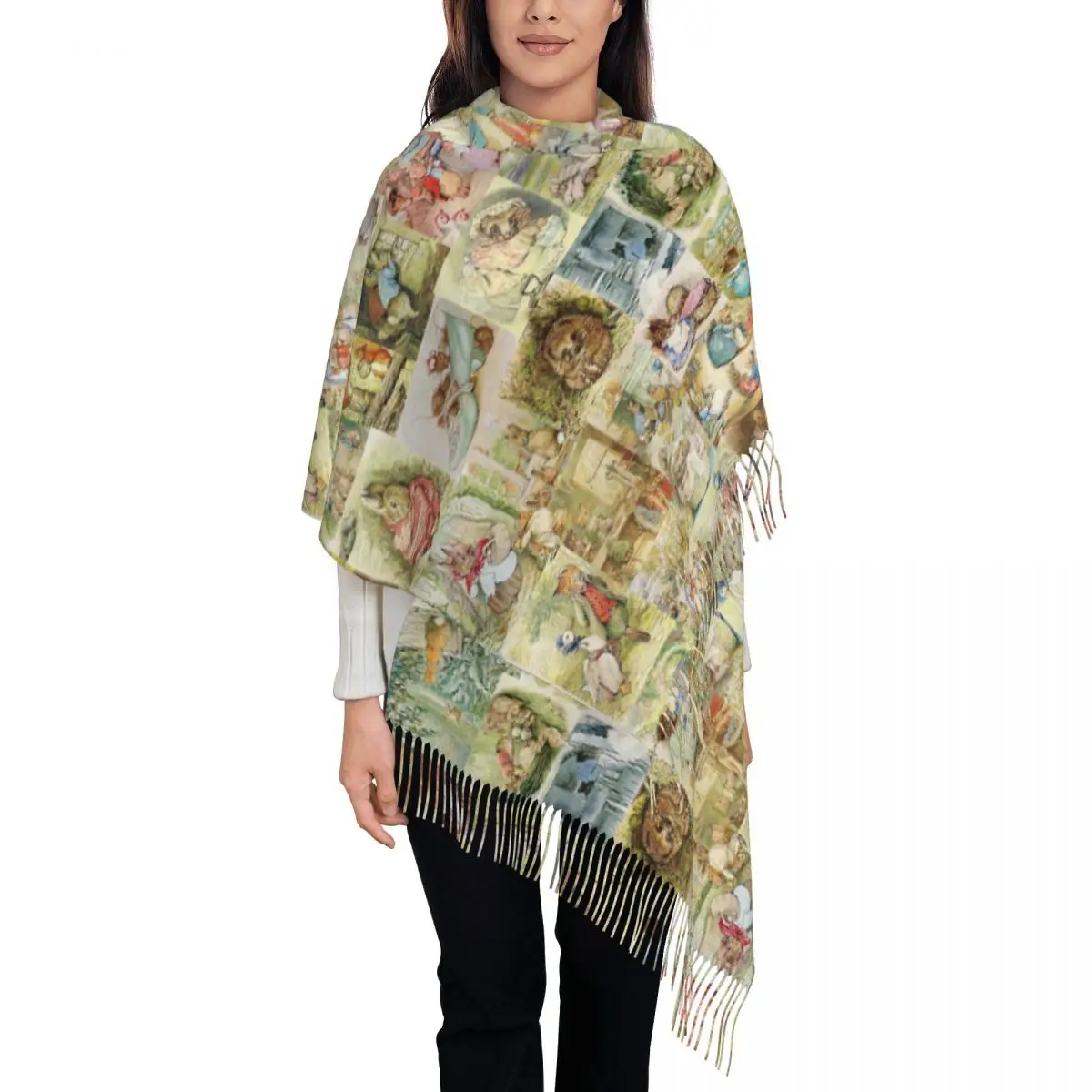 Beatrix Potter Collage Scarf Tassel Scarves for Women Soft Warm Shawls and Wraps Long Fall Winter Shawl Wrap