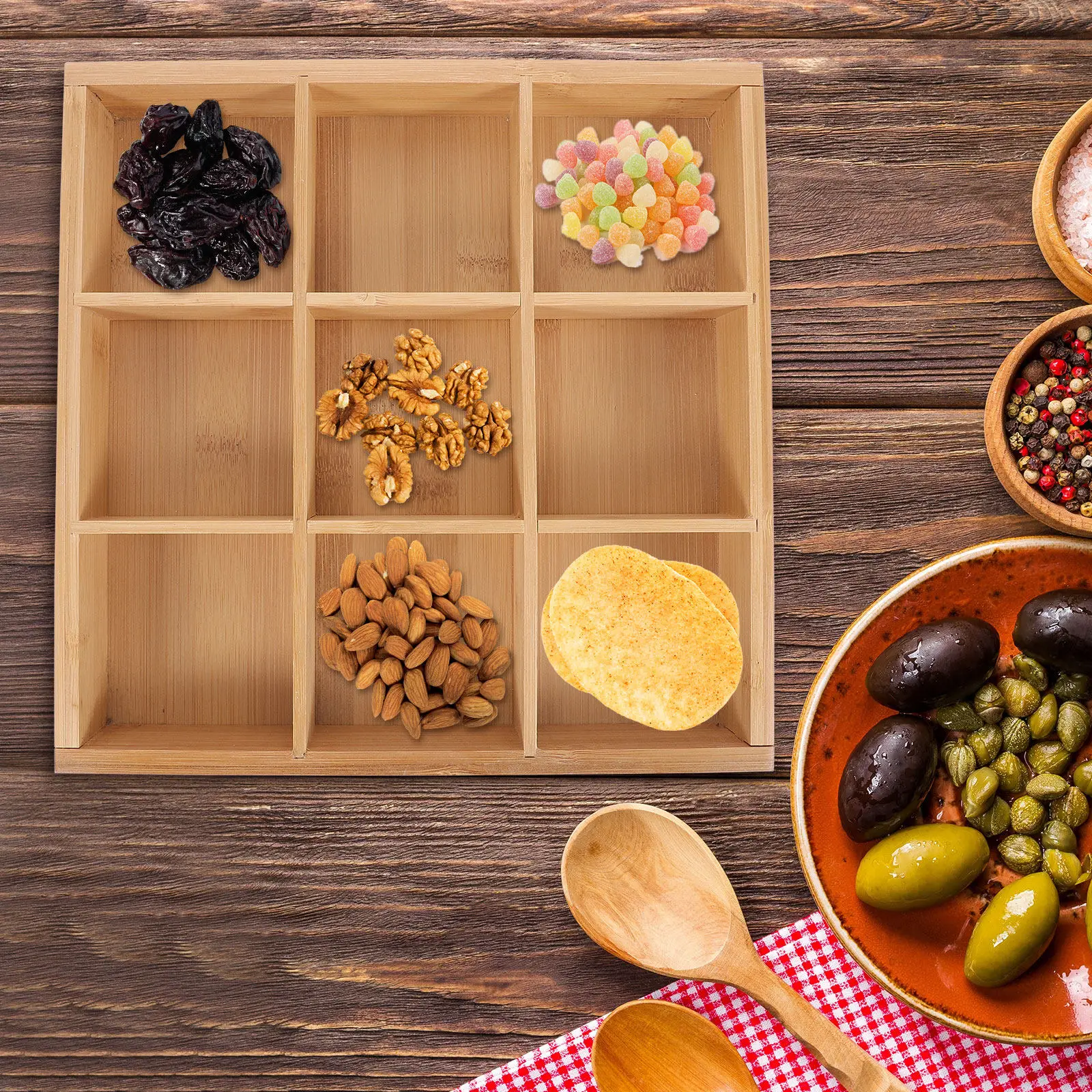 

Divided Bamboo Food Tray 6-Section Serving Plate for Parties Buffet Dried Fruit Vegan Dishes Kitchen Household Compartment Dish