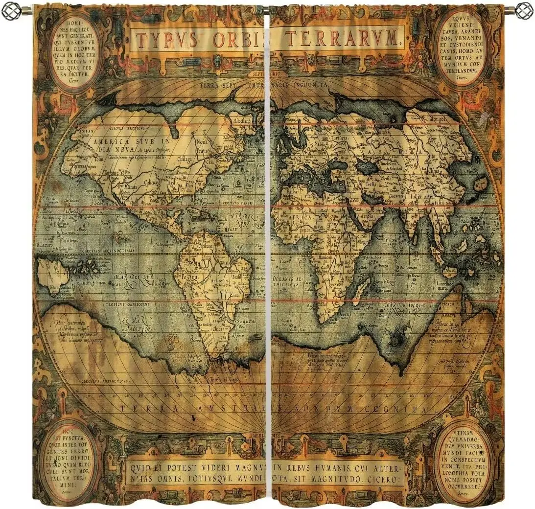 Vintage World Map Curtains,Retro Mid Century Nostalgic Style Old World Map Print Curtains for Bedroom Living Room Kitchen Café
