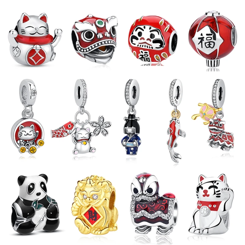 925 Sterling Silber Glücksbringer Katze Chinesisches Neujahr Anhänger Perlen Japanisches Mädchen-Design Passend für Marken-Armbänder Halsketten Damenschmuck