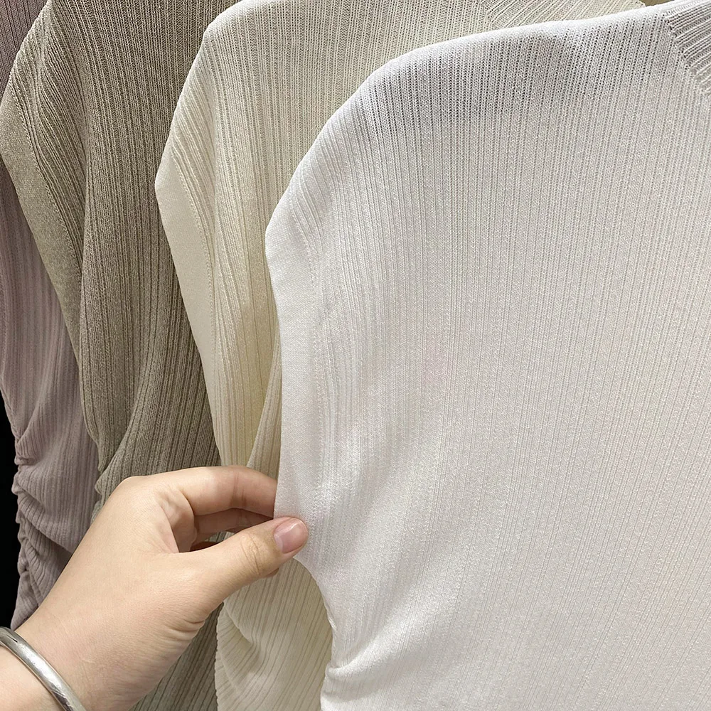 2026 Spring Summer Ice Silk Knit T-Shirt Half High Neck Waist Slimming Unique Design Slim Fit Short Sleeve Inner Tops