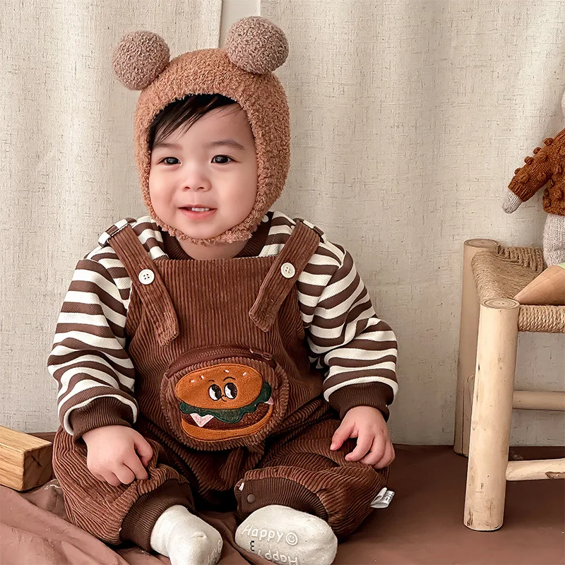 Korean Version of Winter Baby Shoulder Strap Jumpsuit, Baby Striped Hoodie, Plush and Warm Cartoon Hamburger Crawling Suit