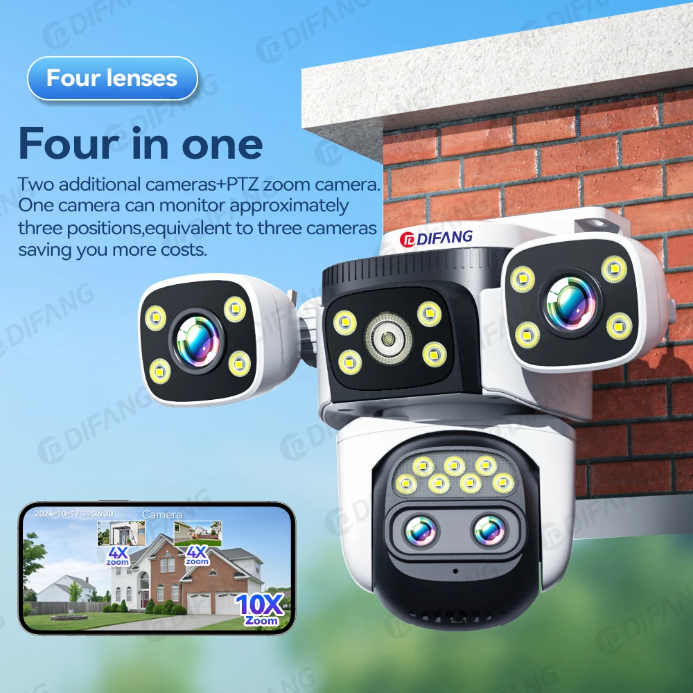 10K UHD WiFi6 Security Camera Outdoor Three Screen Surveillance Network Cam 10X Zoom PTZ 20MP Video Surveillance Smart Home
