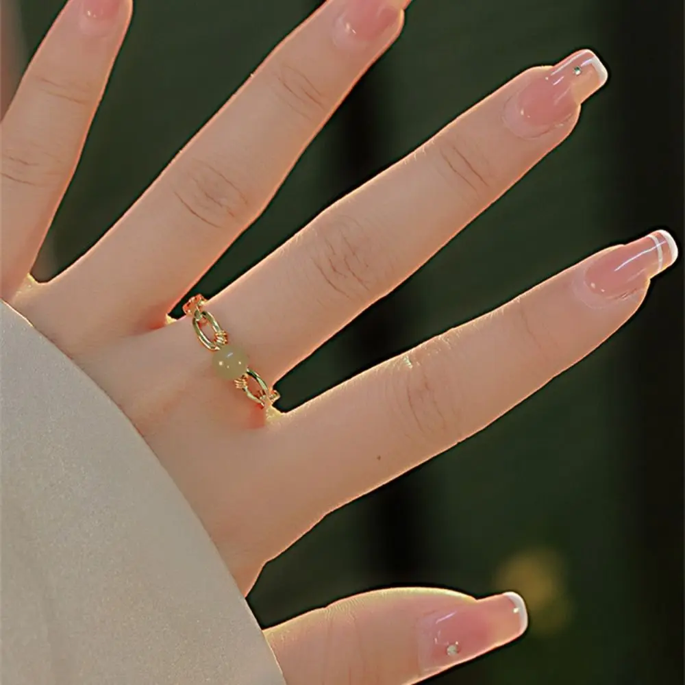 Women Finger Ring Hetian Jade Beaded Ring Female Retro Niche Design Minimalist Finger Buckle All Match Jade Open Ring Jewelry