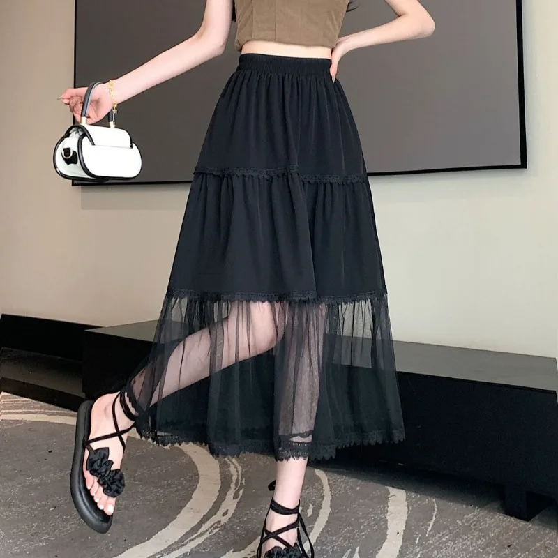 

Mesh Patchwork Women Skirts A-line Solid Spring Summer Sweet Jupe Femme Korean Fashion Elegant Simple Long Skirt