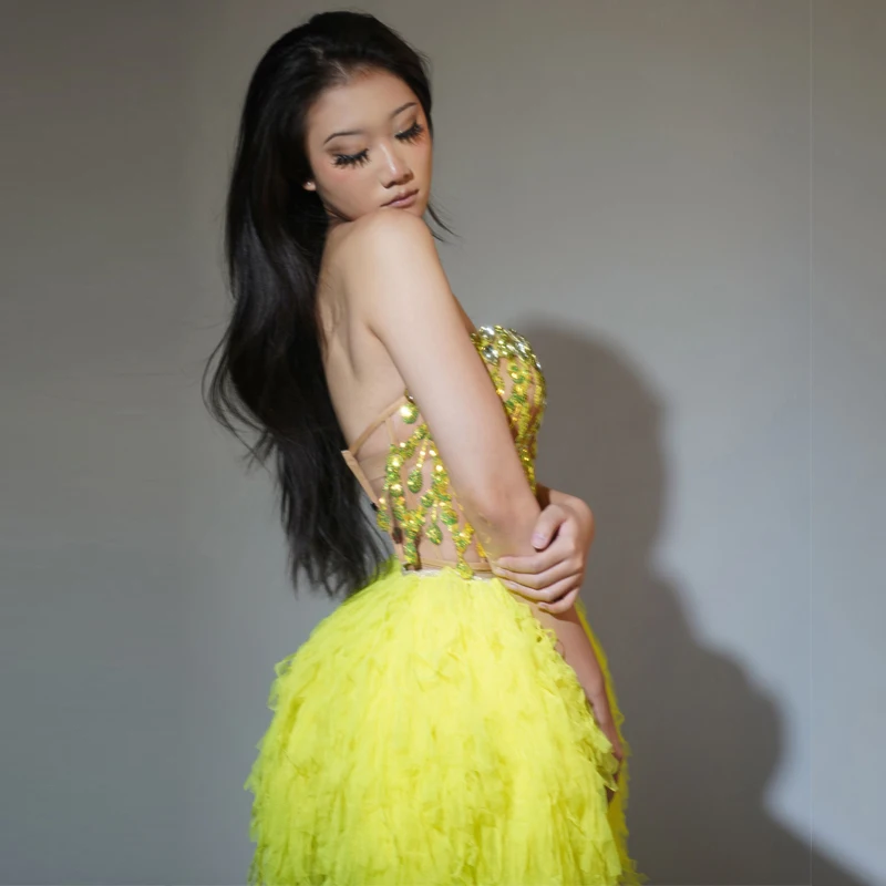 Sukienka damska z fluorescencyjnych żółtych cekinów, koronkowa, na imprezę, festiwal, suknia wieczorowa, strój sceniczny dla piosenkarki barowej, XS9976