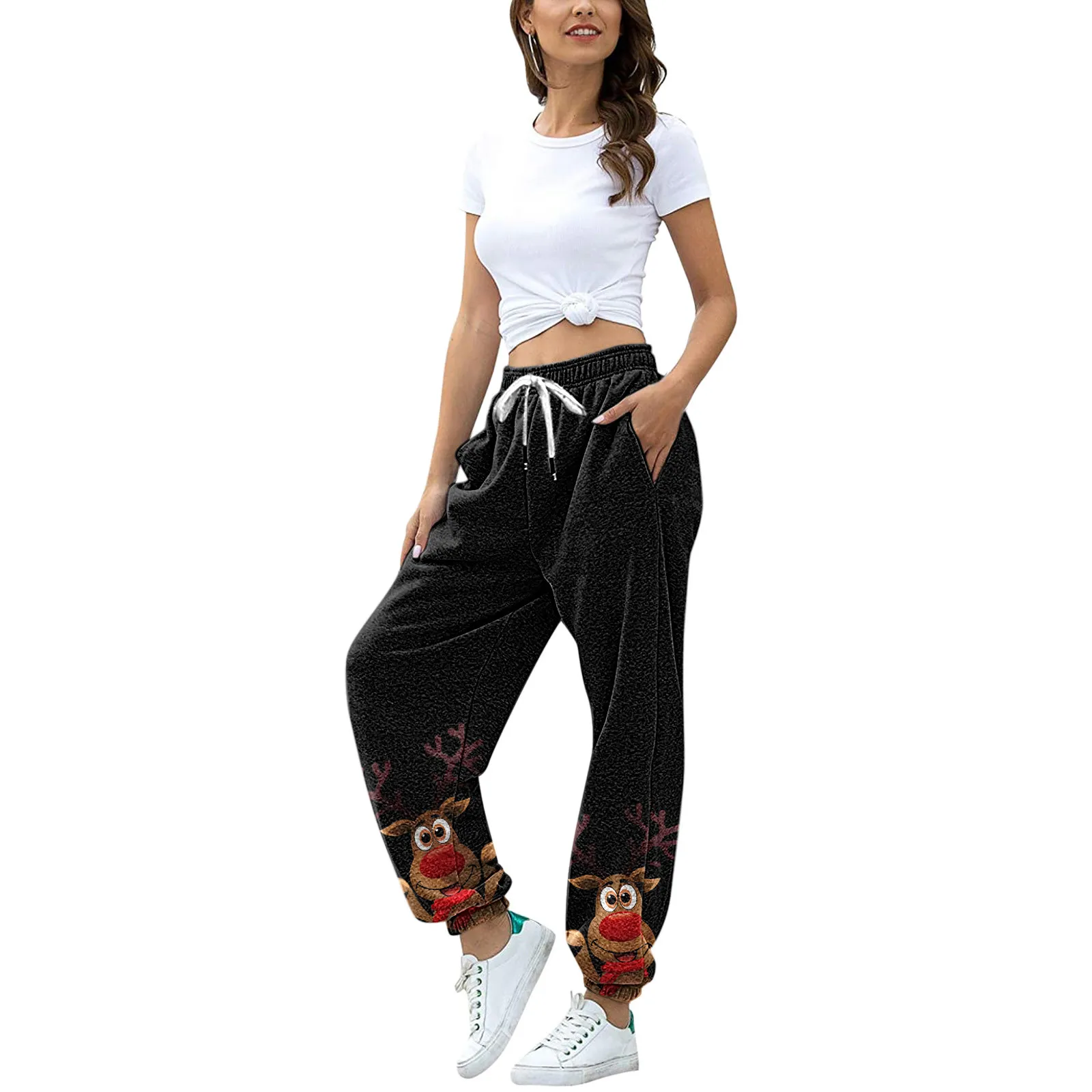 

Fit Jogger Bottom Slim Athletic Pockets Drawstring Women's Pants Christmas Elk Print Sweatpants High Waist Pocket Trousers Xmas