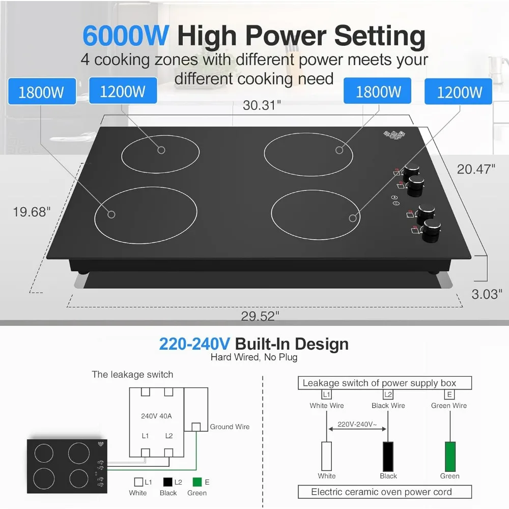 Table de cuisson à induction avec 4 brûleurs, table de visualisation électrique intégrée de 30 pouces, commande par bouton, verrouillage enfant, arrêt automatique, affichage LED, minuterie