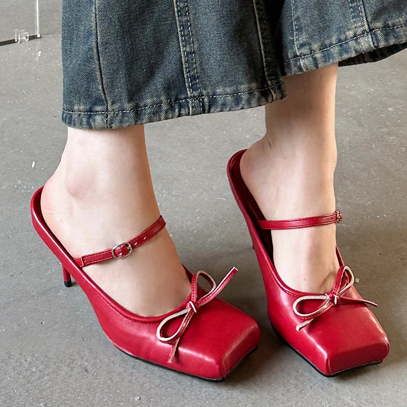 Sexy Ladies Super High Heels Pumps Shoes Fashion Butterfly-Knot New In 2024 Women Thin Heels Slides Shoes Female Red Footwear