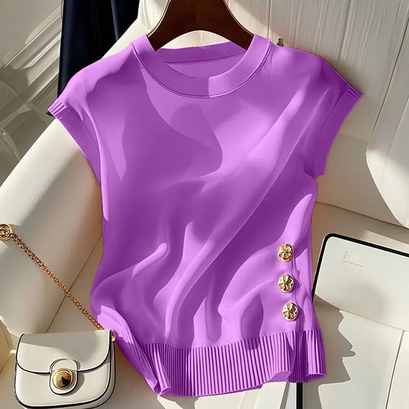 

Women's Crew Neck Knitted Sleeveless T-Shirt Vest New Summer Chic Female Top Solid Color Waistcoat Women's Clothing