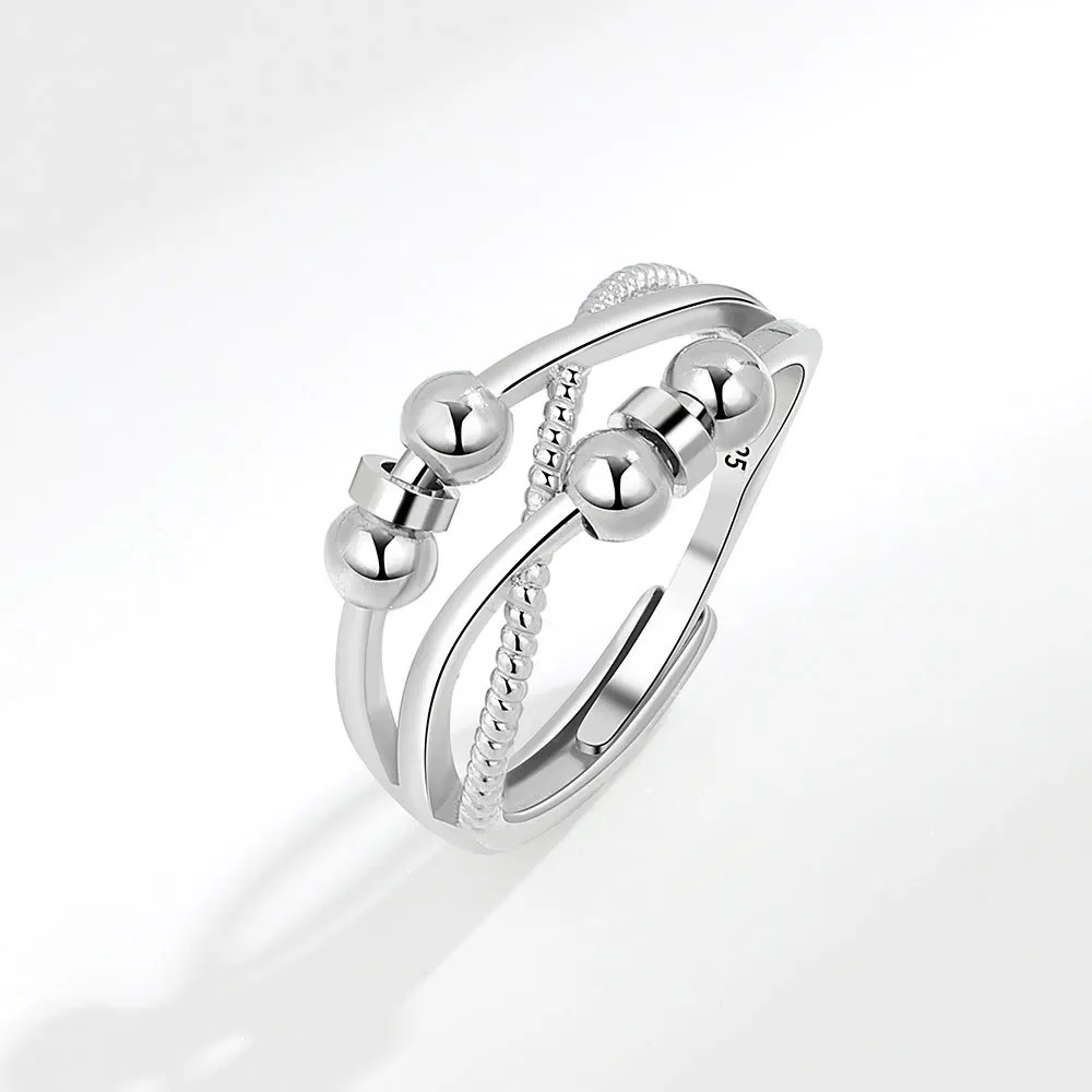 F.I.N.S S925 Sterling Silver Layered Staggered Anti Anxiety Stress Rotatable Beads Ring Fidget Bead Adjustable Finger Rings