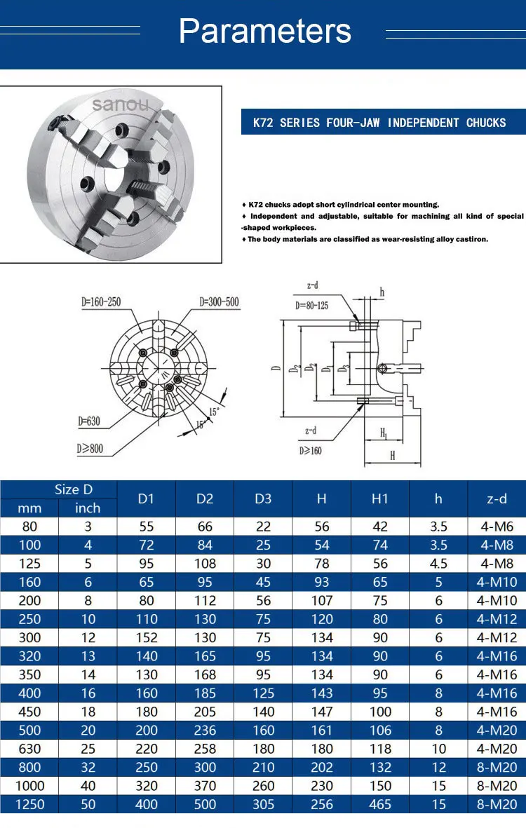 Sanou Brand Lathe Chuck 160mm Four Jaw Independent Chuck K72-160 4 Jaw Chuck for Lathe