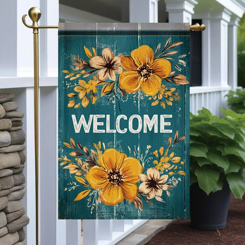 Rustic Floral Welcome Garden Flag 12x18 Inch Double Sided Outdoor Yard Banner Yellow and Cream Flowers on Teal Wood Backgrou SSL