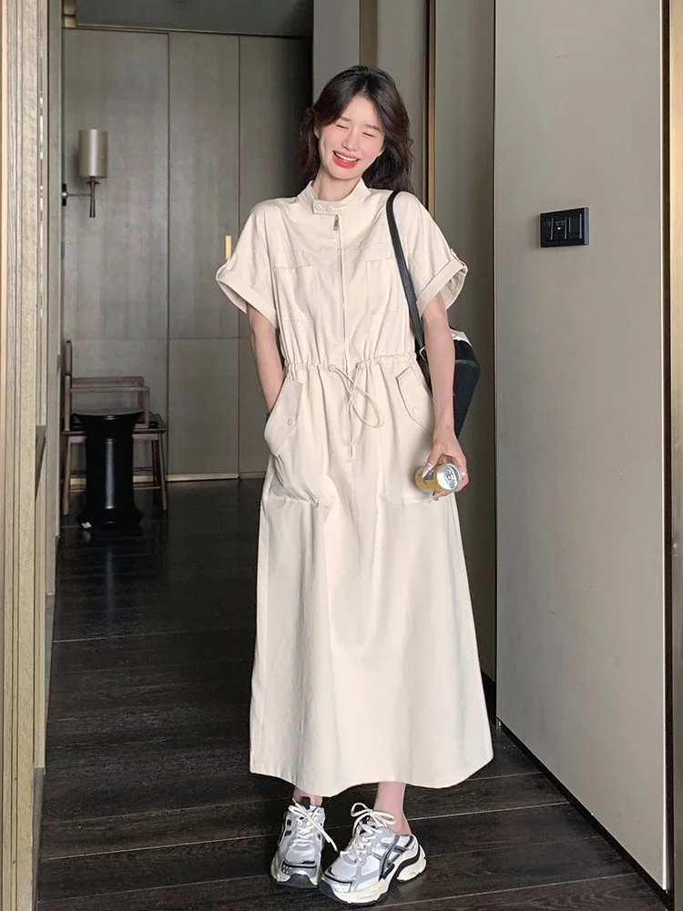 

plus Size 300 Pou Women's Korean Sle round Ne Workwear Dr A-Line Skirt Waist-Cinching Casual Summer Dres
