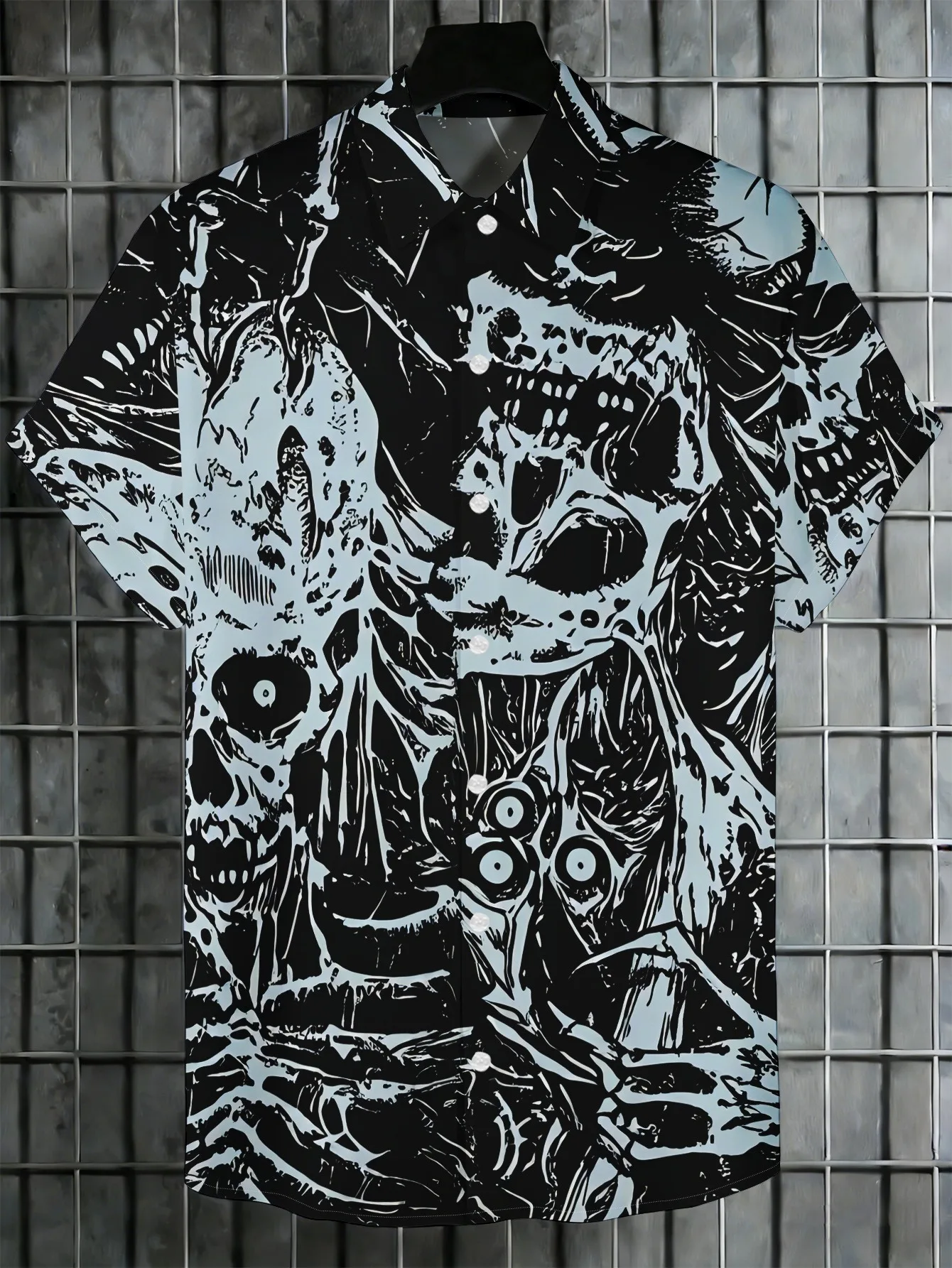 Men Horror Abstract Skull Skeleton Eye All‑Over Print Short Sleeve Shirt Lapel Collar Button‑Up Polyester Halloween Party Blouse