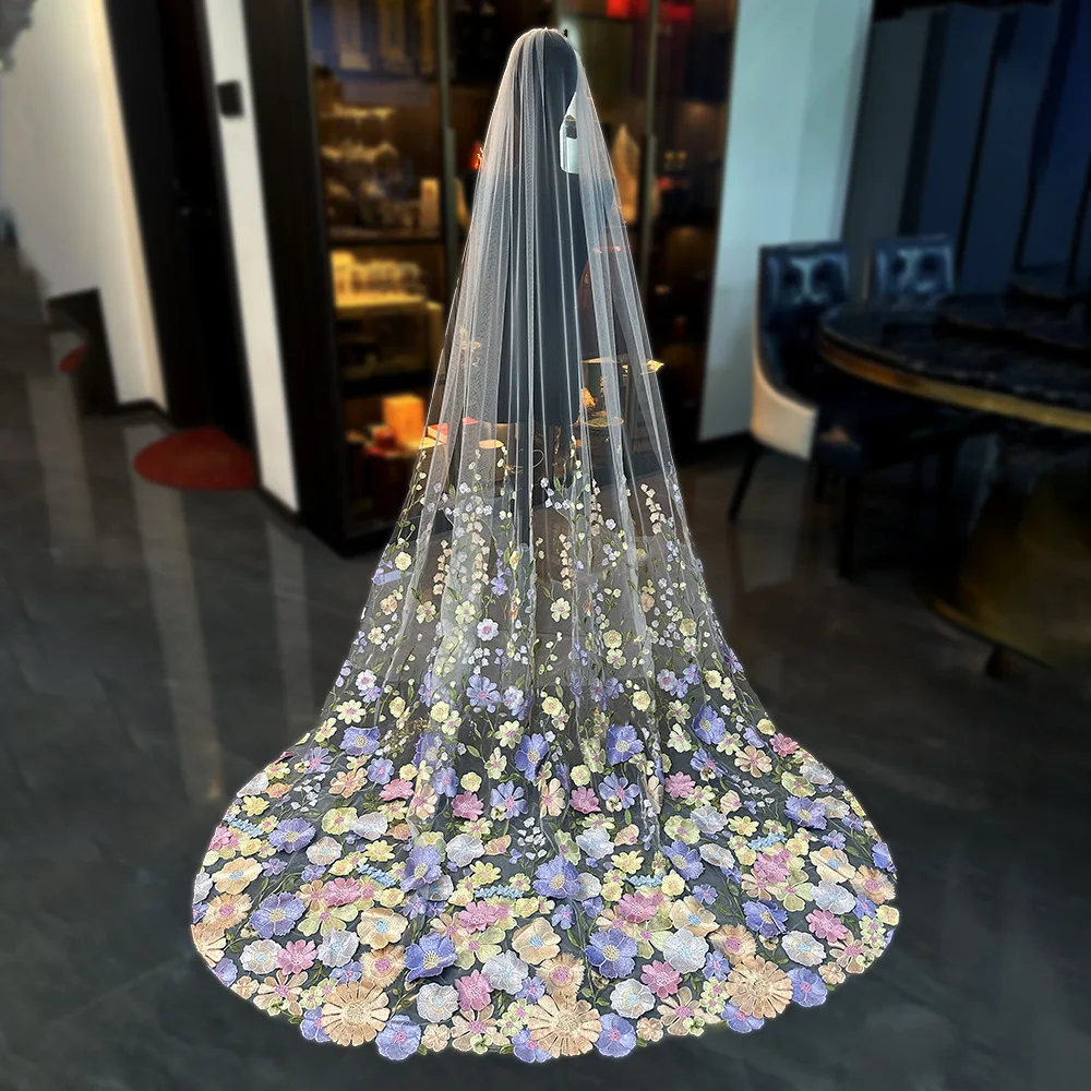 3D Colorful Wildflower Embroidery Cathedral Length Wedding Veil, Long Floral Applique Chapel Train Bridal Veil  2.2m Long