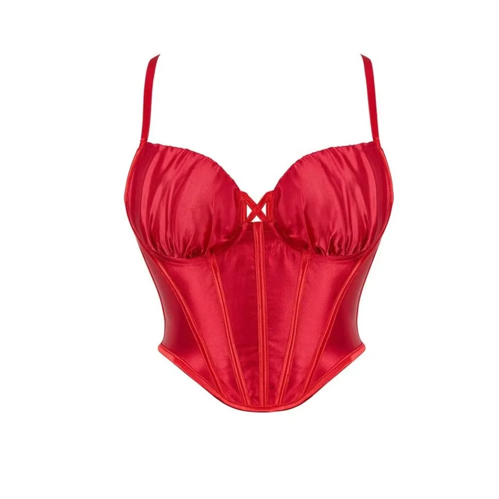 Rotes Satin-Korsett für Damen mit verstellbaren Trägern, Ausschnitt vorne und Schnürung hinten, Bustier-Top