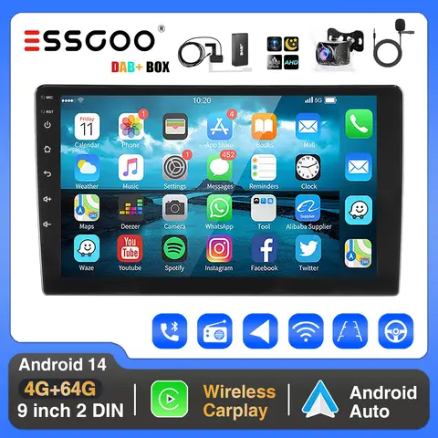 ESSGOO 4+64G Car Stereo Head Unit Radio Wireless CarPlay Android Auto Double 2 DIN 9" IPS Touch Screen GPS SAT NAVI FM DAB+ WIFI